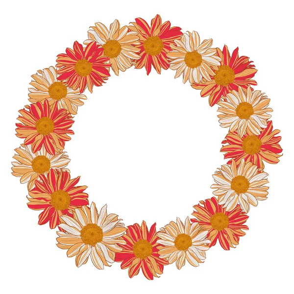 Decorative floral frame of red-orange-beige daisies on white background — Stockvektor