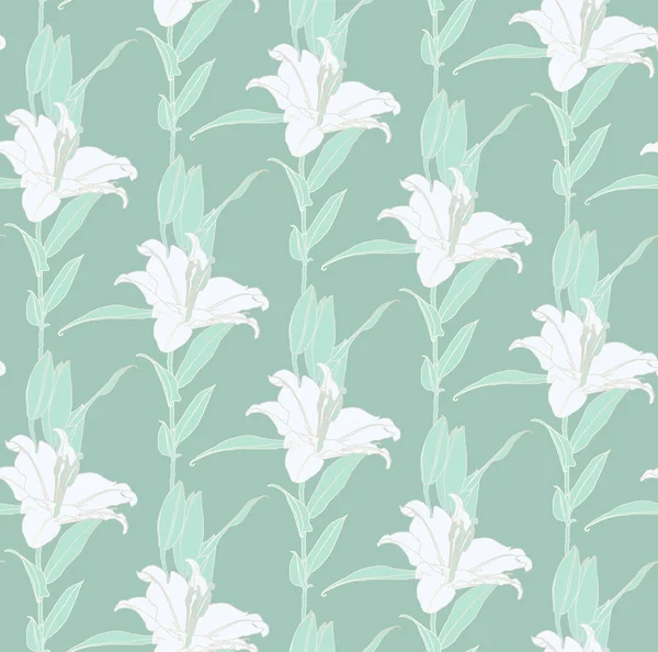Patrón sin costura floral de flores de lirio de color blanco y verde menta con contorno de plata — Vector de stock