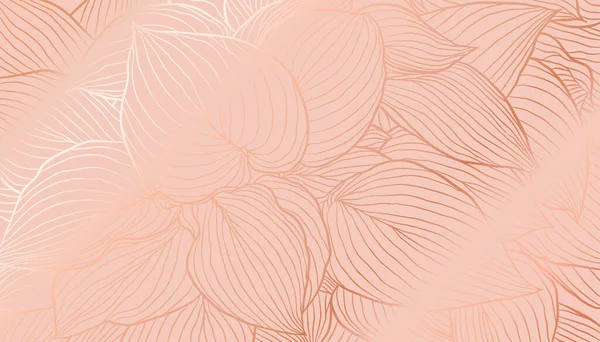 Golden foiled hosta leaves in hand drawn line art on calm coral background — Stockvector