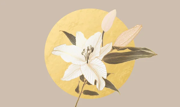 Modèle de fleur de lys avec contour métallique doré et cercle de feuille d'or lune derrière — Image vectorielle
