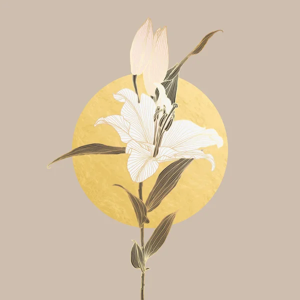 Nilüfer çiçeği doğrusal çizimi nötr kahverengi, beyaz, pembe ve altın folyo dairesel ay şeklinde — Stok Vektör