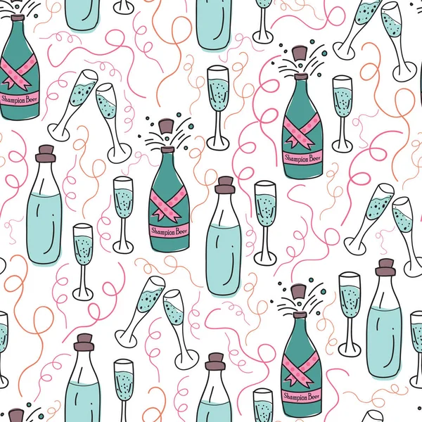 Vector Champagnerflaschen Und Gläser Mit Nahtlosem Muster Hintergrund Für Jede Stockillustration
