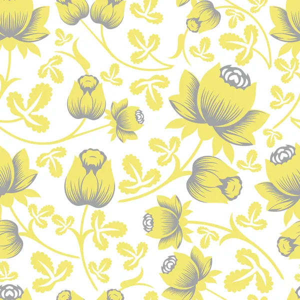 Vector rosa flores con hojas patrón sin costuras en colores de moda Pantone 2021 Iluminante amarillo, último gris — Archivo Imágenes Vectoriales