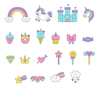 Beyaz arkaplanda şirin unicorn ögeleri kümesi.