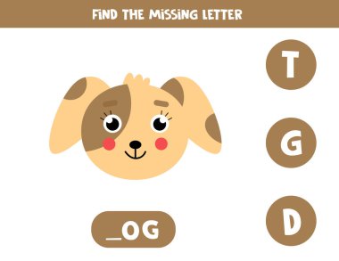 Find missing letter. Cute dog. Educational spelling game for kids.