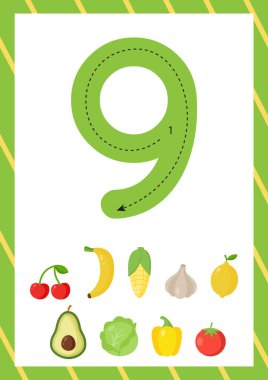 Dokuz numarayı nasıl yazacağını bilen tatlı bir kart. Çocuklar için çalışma tablosu.