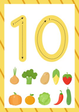 10 numarayı nasıl yazacağın çok hoş bir hafıza kartı. Çocuklar için çalışma tablosu.