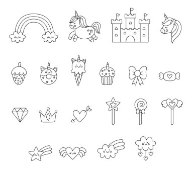 Collection of black and white unicorn elements vector pictures on white background.