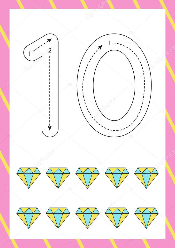 Cute flashcard how to write number ten. Worksheet for kids.