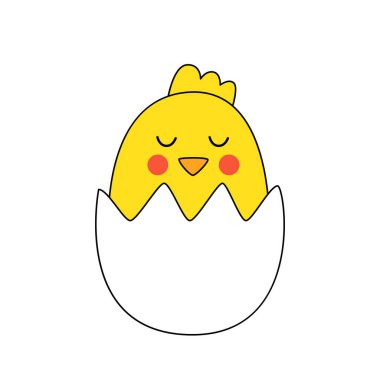 Yumurta kabuğunda oturan şirin Paskalya tavuğunun vektör çizimi.