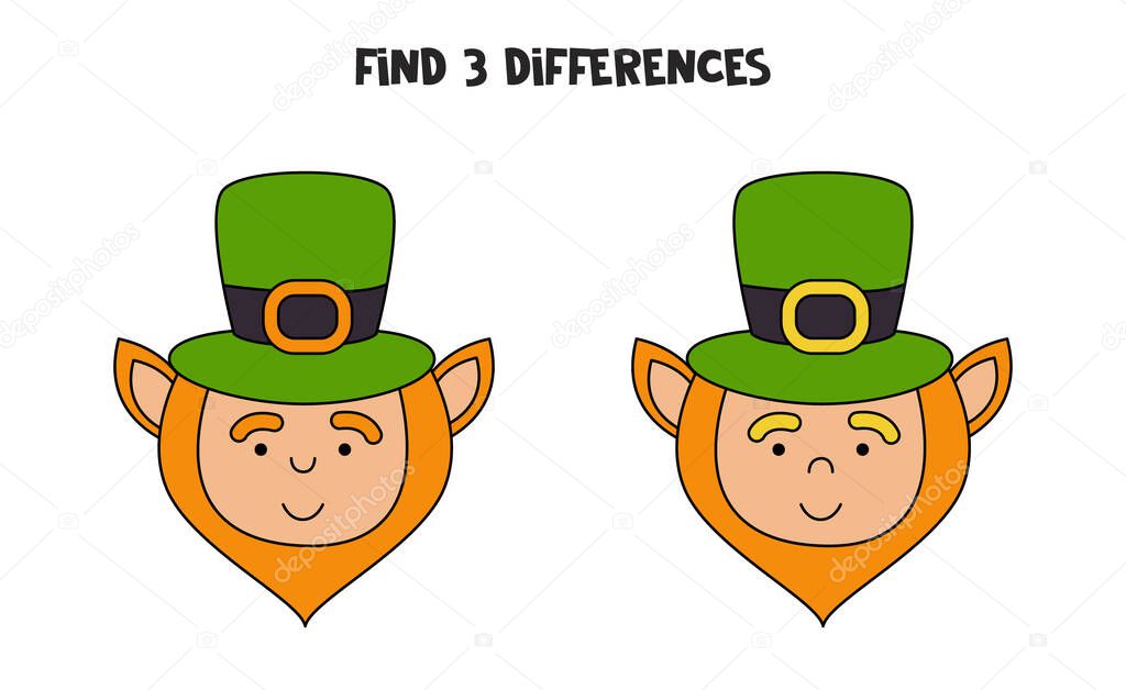 Find three differences between two pictures of leprechaun.