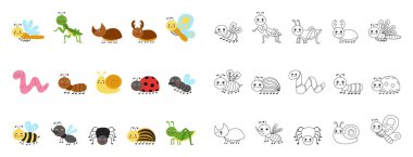 Beyaz arka planda sevimli renkli böcekler. siyah ve beyaz versiyonu.