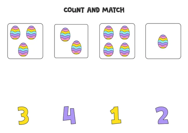 Μετρώντας το παιχνίδι για παιδιά. Μετρήστε όλα τα πασχαλινά αυγά και ταιριάζουν με τους αριθμούς. Φύλλο εργασίας για παιδιά. — Διανυσματικό Αρχείο