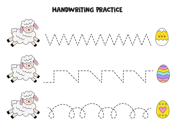 Ίχνη γραμμές με χαριτωμένο πρόβατα Πάσχα. Πρακτική γραφής. — Διανυσματικό Αρχείο