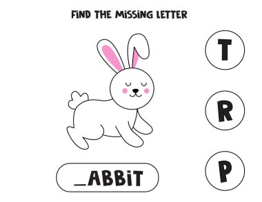 Kayıp harfi bul. Tatlı Paskalya tavşanı. Çocuklar için eğitici heceleme oyunu.
