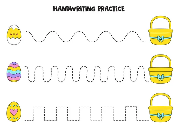 Ίχνη γραμμές με χαριτωμένα αυγά Πάσχα και καλάθια. Πρακτική γραφής. — Διανυσματικό Αρχείο