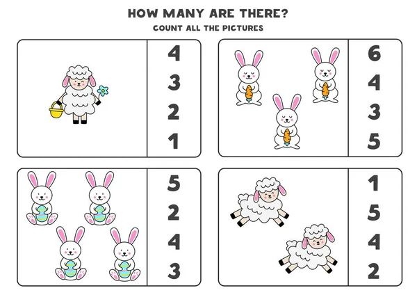 Jeu de comptage avec lapins et moutons de Pâques. Feuille de travail pédagogique. — Image vectorielle