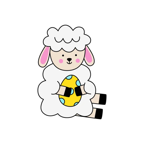 Imagen vectorial de la linda oveja de Pascua sosteniendo huevo. — Vector de stock