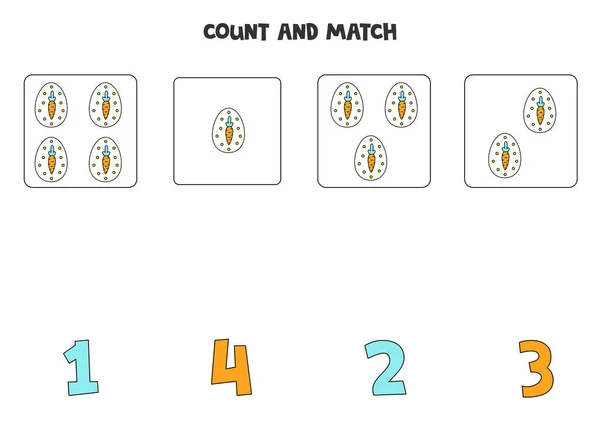 Counting game for kids. Count all Easter eggs and match with numbers. Worksheet for children. — Stock Vector