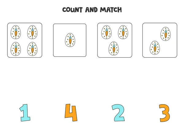 Zählspiel für Kinder. Zählen Sie alle Ostereier und stimmen Sie mit Zahlen überein. Arbeitsblatt für Kinder. — Stockvektor