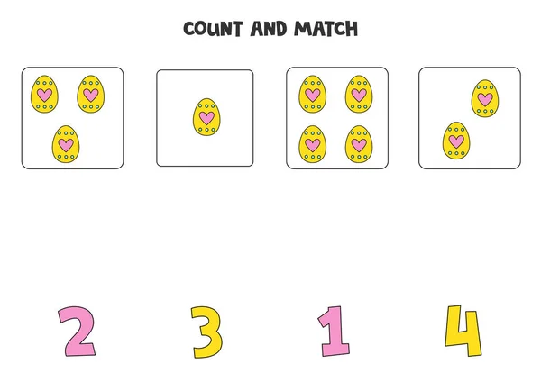 Counting game for kids. Count all Easter eggs and match with numbers. Worksheet for children. — Stock Vector