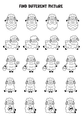 Tatlı Paskalya kuzusu bulmak diğerlerinden farklıdır. Çocuklar için siyah beyaz çalışma tablosu.