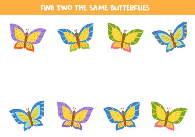 Tıpatıp aynı iki kelebeği bul. Anaokulu çocukları için eğitici bir oyun.