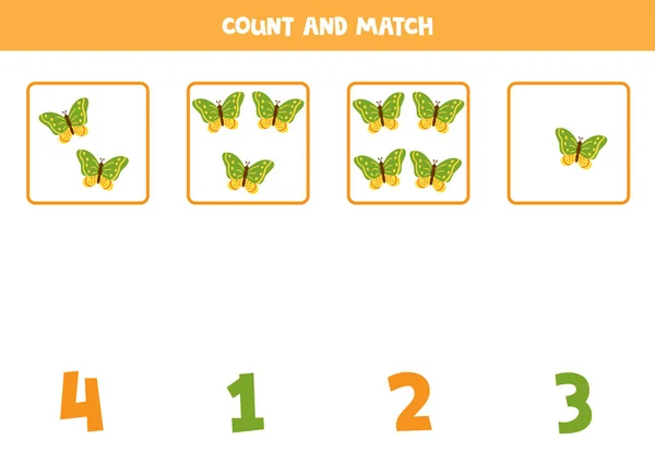 Μετρώντας το παιχνίδι για παιδιά. Μέτρα όλες τις πεταλούδες και ταίριαξε με τους αριθμούς. Φύλλο εργασίας για παιδιά. — Διανυσματικό Αρχείο