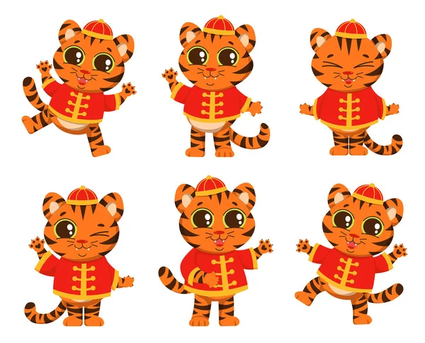 Tiger in der chinesischen Nationaltracht. Set — Stockvektor