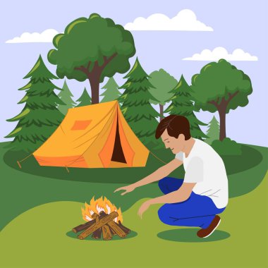 Çizgi filmdeki mutlu adam kamp ateşi yakıyor. Vektör yaz manzarası çizimi.