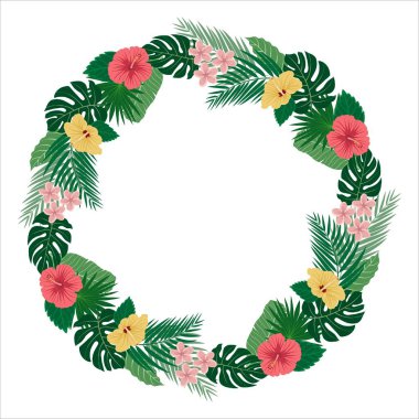 Tropik bitkiler dairesel dizayn şablonu. Hibiscus, plumeria, Monstera, muz yaprakları ve beyaz arkaplanda palmiye yaprakları.