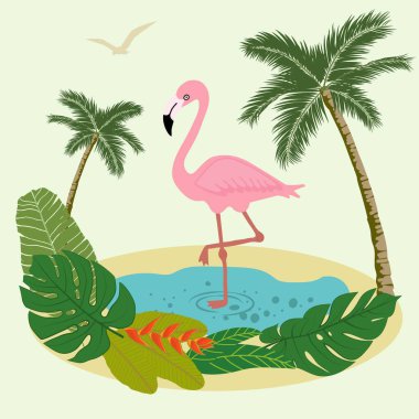 El yapımı flamingo kuşu, tropikal çiçekler ve yapraklarla arka plan. Kart şablonu, afişler, etiketler. Vektör illüstrasyonu.