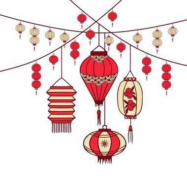 El yapımı kırmızı Çin fenerleri. Japon ışıkları. Beyaz arkaplanda vektör karalama biçimi çizimi