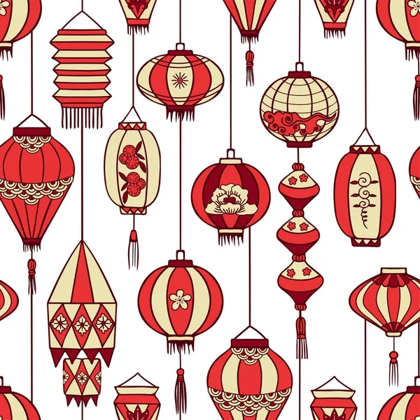 Lanternes Chinoises Dessinées Main Motif Sans Couture Illustration Vectorielle Colorée — Image vectorielle