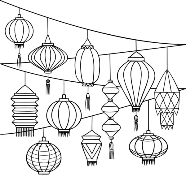 Set Chinese Paper Street Lanterns Different Types Sizes Hand Drawn — Stock vektor