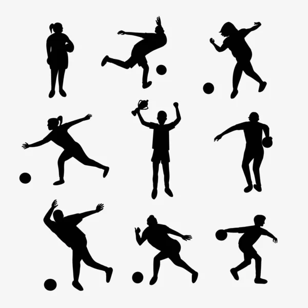 Vector Set Men Women Dressed Sports Apparel Playing Bowling Silhouettes — Stock Vector