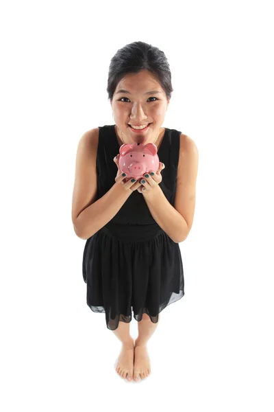 Happy Asian with Piggy Bank — Stock Photo, Image