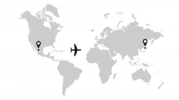 Airplane Flying World Map Location Pin Video Animation Alpha Channel — Stock Video