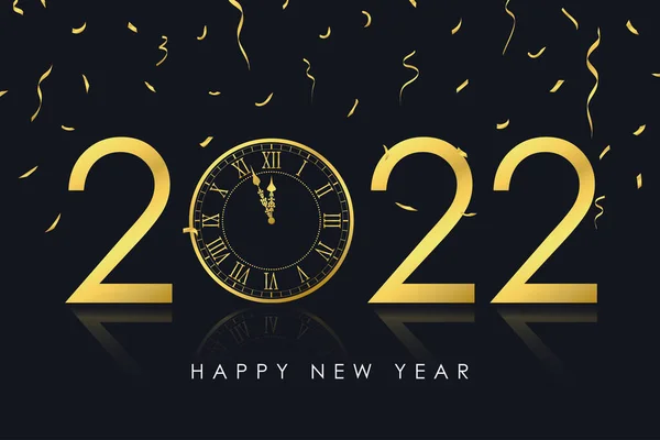 金時計と黄金のコンフェッティと2022年の新年カード ホリデーカード 時計や装飾付きのポスターやバナーのためのメリークリスマスと新年のイラスト ベクトル — ストックベクタ