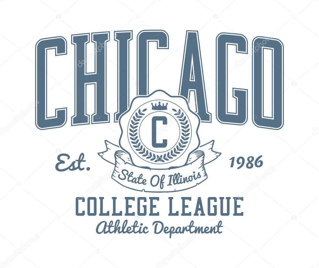 Chicago, Illinois college style t-shirt design. Typography graphics for athletic tee shirt. Original sportswear print. Vector illustration.
