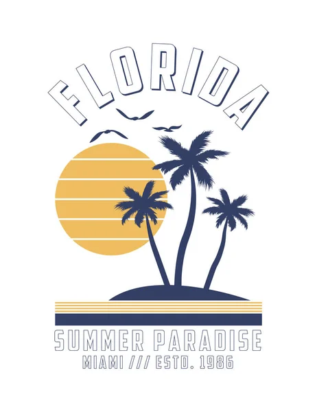 Florida Miami Diseño Camiseta Con Palmeras Sol Aves Gaviota Gráficos — Archivo Imágenes Vectoriales