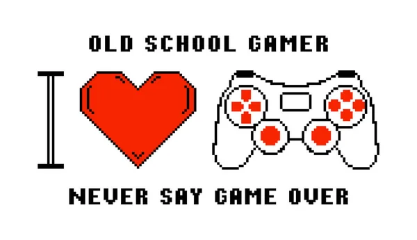 Gamepad Nebo Joystick Pixelovém Stylu Pixelované Srdce Slogan Pro Tričko — Stockový vektor
