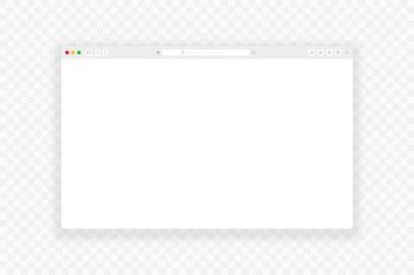Tarayıcı penceresi. Araç çubuğu, arama ve gölge ile gerçekçi boş bir web sayfası. Şeffaf arkaplanda tarayıcı pencere modeli. Vektör illüstrasyonu.