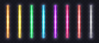 Neon ışık tüpleri ayarlandı. Renkli parlak halojen ya da lambalar. Şeffaf arkaplanda gerçekçi neon ışıklı çizgiler, sınırlar ve çerçeve elementleri. Vektör.