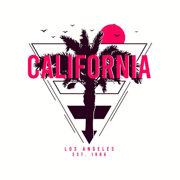 Kalifornia Los Angeles Póló Design Pálmafával Napsütéssel Sirályokkal Grafikus Ujjlenyomat — Stock Vector