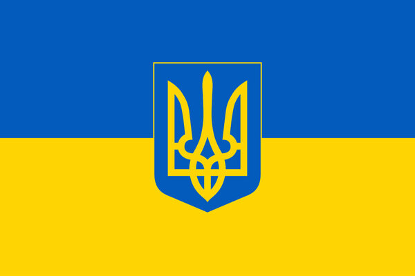 Flag and coat of arms of Ukraine. Blue and yellow flag of Ukraine with coat of arms in form of the Ukrainian trident. Vector illustration.