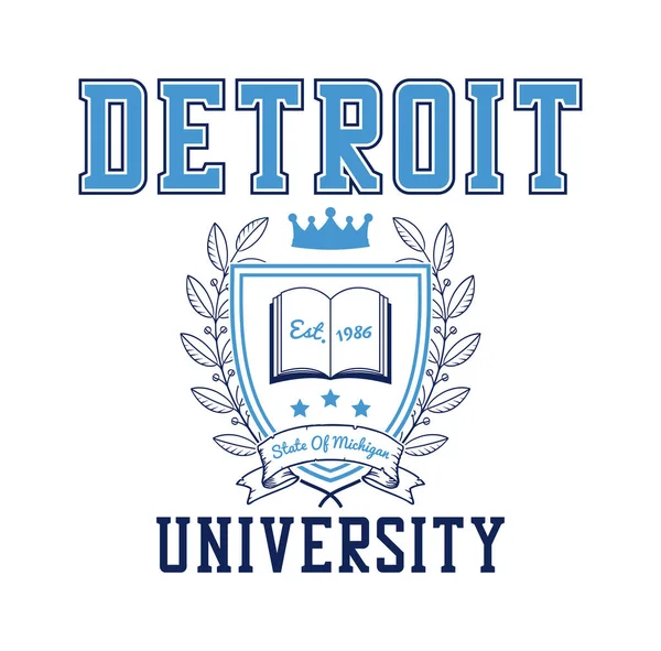 Detroit Design Trička Michiganské Univerzity Univerzitním Štítem Otevřenou Knihou Korunou — Stockový vektor