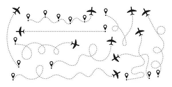 飛行機の経路が設定された 出発点を持つ飛行機のルート 航空機の位置や地図ピンをトレースします ベクターイラスト — ストックベクタ