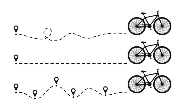 自行车图标虚线路径与起点 设置自行车道跟踪与位置或地图销和点点路线 矢量说明 — 图库矢量图片