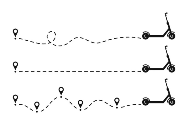 Scooter图标用起点点缀行路径 一套踢踏车路径跟踪与位置或地图销和虚线 矢量说明 — 图库矢量图片